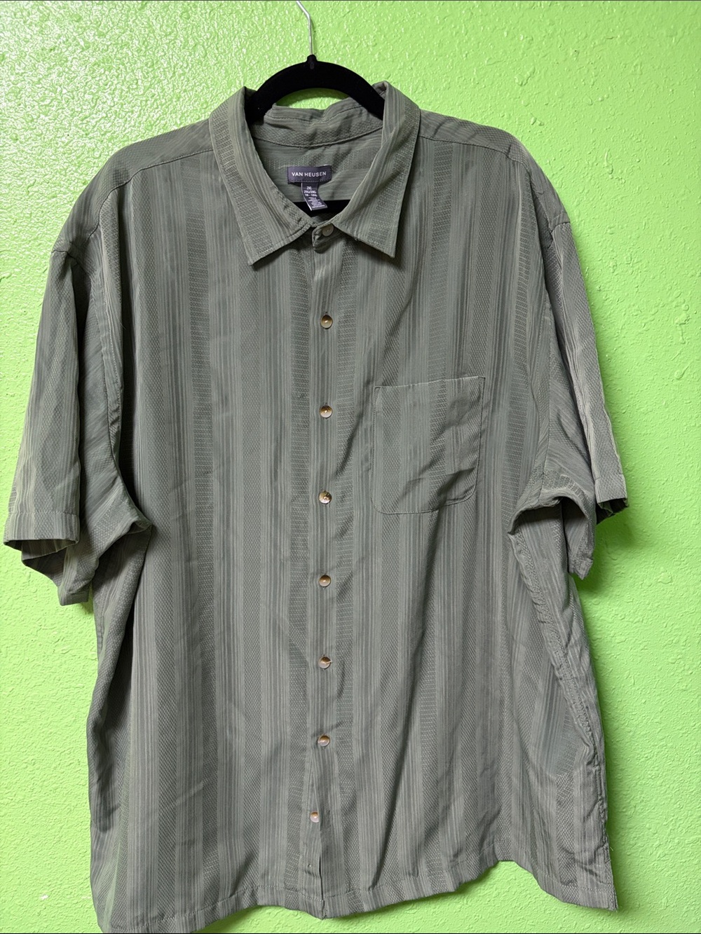Van Heusen Olive Green Short-Sleeve Button-Down Shirt with Subtle Stripes